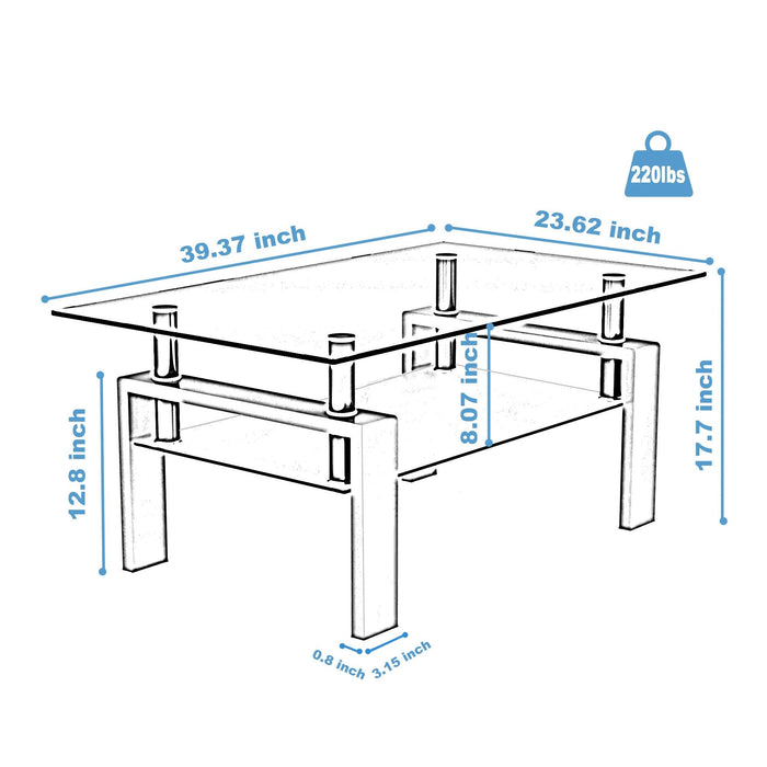 Rectangle Walnut Glass Coffee Table, Clear Coffee Table，Modern Side Center Tables for Living Room， Living Room Furniture