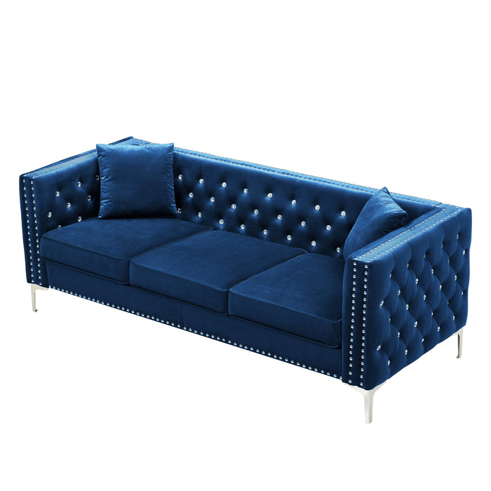 82.3" WidthModern Velvet Sofa Jeweled Buttons Tufted Square Arm Couch Blue,2 Pillows Included