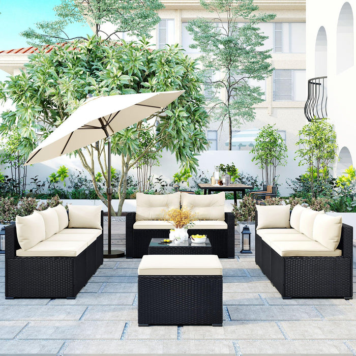 9-piece Outdoor Patio Large Wicker Sofa Set, Rattan Sofa set for Garden, Backyard,Porch and Poolside, Black wicker, Beige Cushion