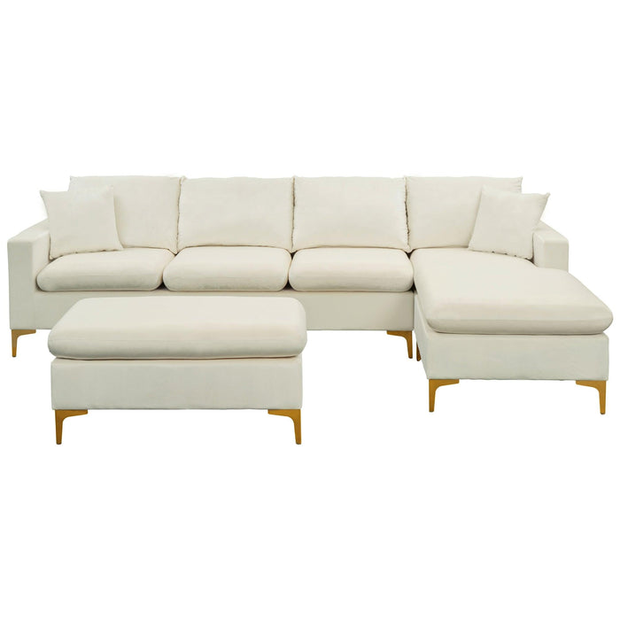 110.6" Sectional Sofa with Ottoman, L-Shape Elegant Velvet Upholstered Couch with 2 Pillows for Living Room Apartment,Cream White