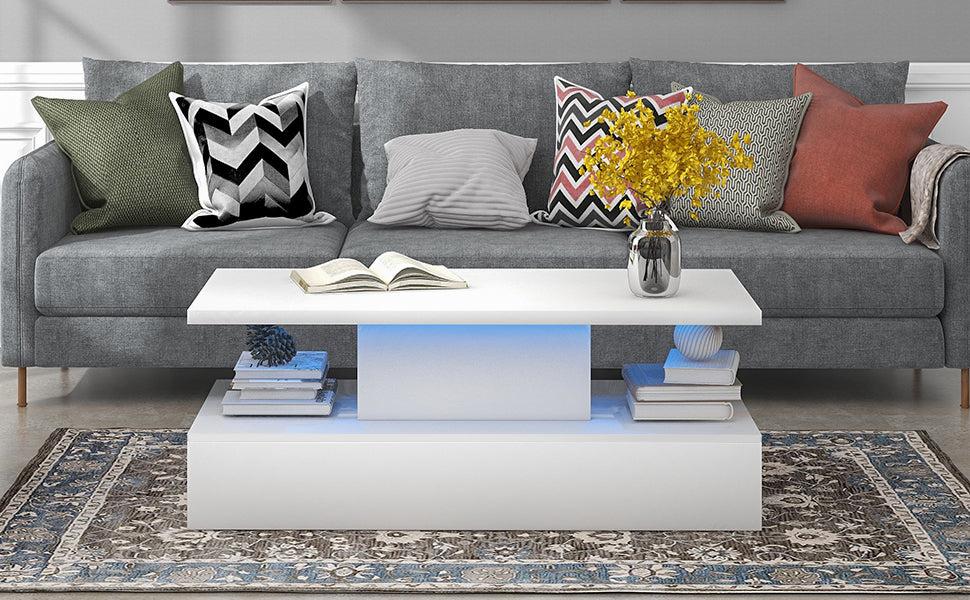 Coffee Table Cocktail TableModern Industrial Design with LED lighting, 16 colors with a remote control, White