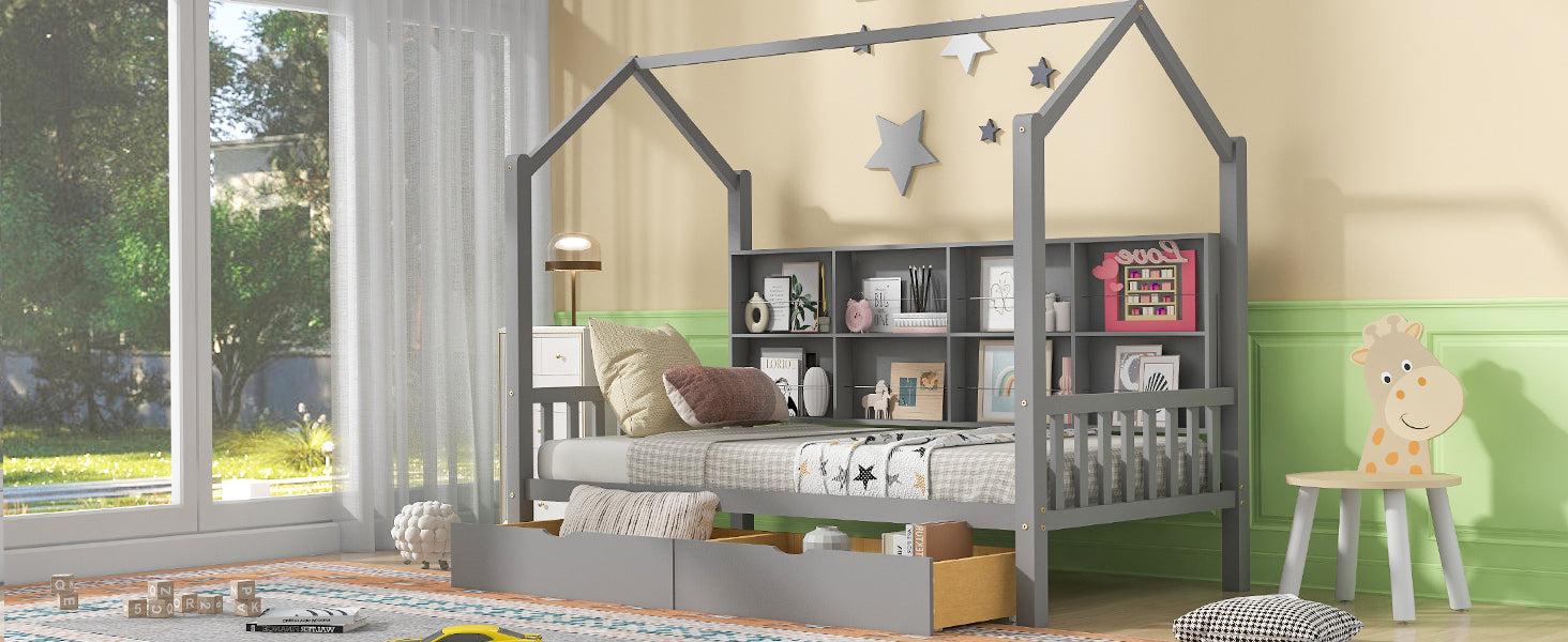 Wooden Twin Size House Bed with 2 Drawers,Kids Bed withStorage Shelf, Gray