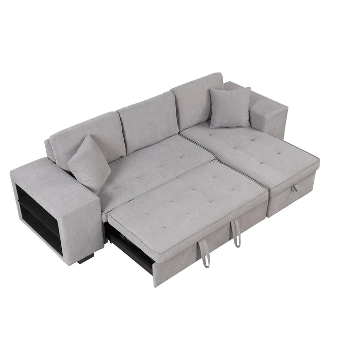 104" Pull Out Sleeper Sofa Reversible L-Shape 3 Seat Sectional Couch withStorage Chaise and 2 Stools for Living Room Furniture Set,Gray