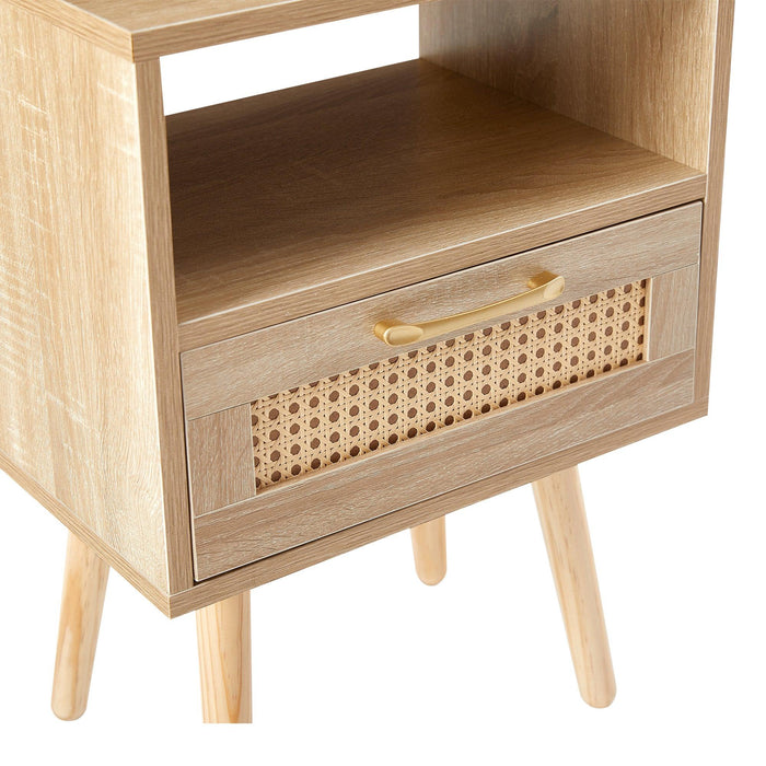 15.75" Rattan End table with  drawer and solid wood legs,Modern nightstand, side table for living roon, bedroom,natural