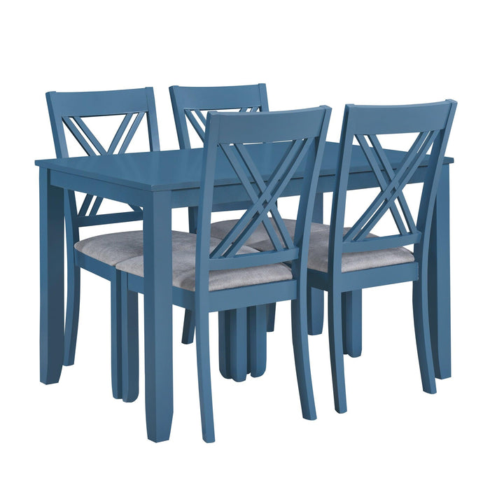 Rustic Minimalist Wood 5-Piece Dining Table Set with 4 X-Back Chairs for Small Places, Blue