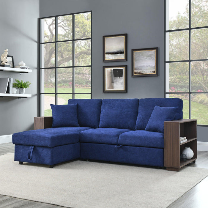 Sectional Sofa with Pulled Out Bed, 2 Seats Sofa and Reversible Chaise withStorage, MDF Shelf Armrest, Two Pillows, Navy Blue, (88" x52" x 34")