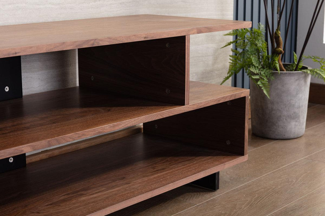 Iris Brown Walnut Finish TV Stand with 2 Levels of Shelves and Black Legs