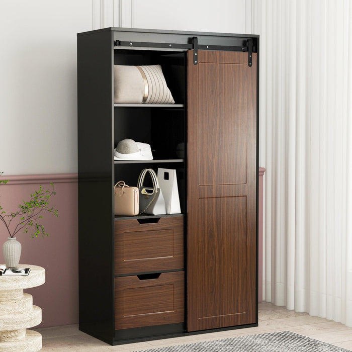 71-inch High wardrobe and cabinet , Clothes Locker，classic sliding barn door armoire, lockers, for bedrooms, cloakrooms, living rooms, color: black +brown