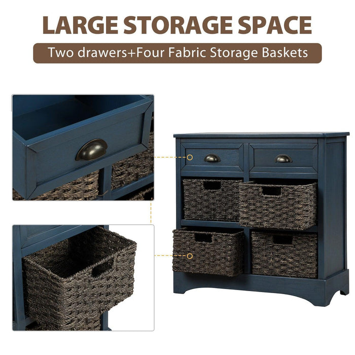 RusticStorage Cabinet with Two Drawers and Four  Classic Rattan Basket for Dining Room/Entryway/Living Room (Antique Navy)