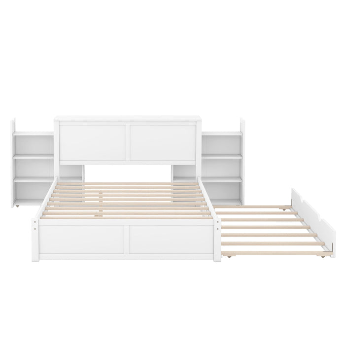 Queen SizeStorage Platform Bed with Pull Out Shelves and Twin Size Trundle, White