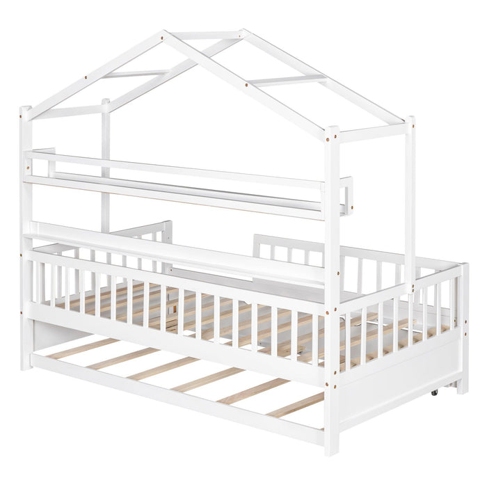 Wooden Twin Size House Bed with Trundle,Kids Bed with Shelf, White