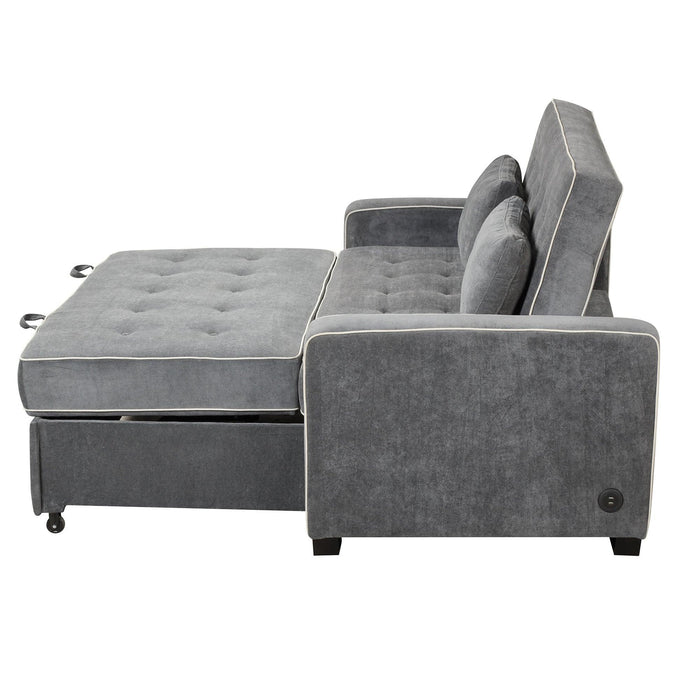 65.7" Linen Upholstered Sleeper Bed , Pull Out Sofa Bed Couch attached two throw pillows,Dual USB Charging Port and Adjustable Backrest for Living Room Space，Charcoal Gray