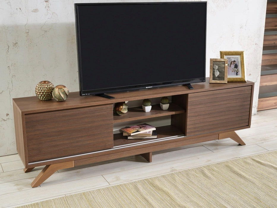 Luxia Mid CenturyModern Tv Stand 2 Sliding Door Cabinet 2 Shelves 67 inch Tv Unit, Walnut