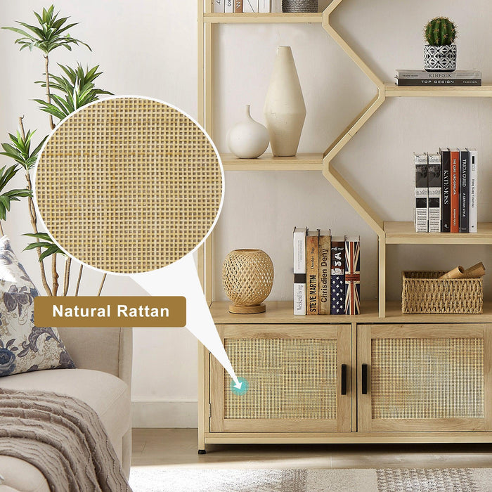 Rattan bookshelf 7 tiers BookcasesStorage Rack with cabinet for Living Room Home Office（Natural，39.4’’w x 13.8’’d x 75.6’’h）