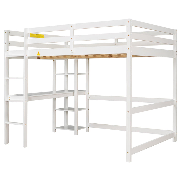 Full Loft Bed with Desk and Shelves,White