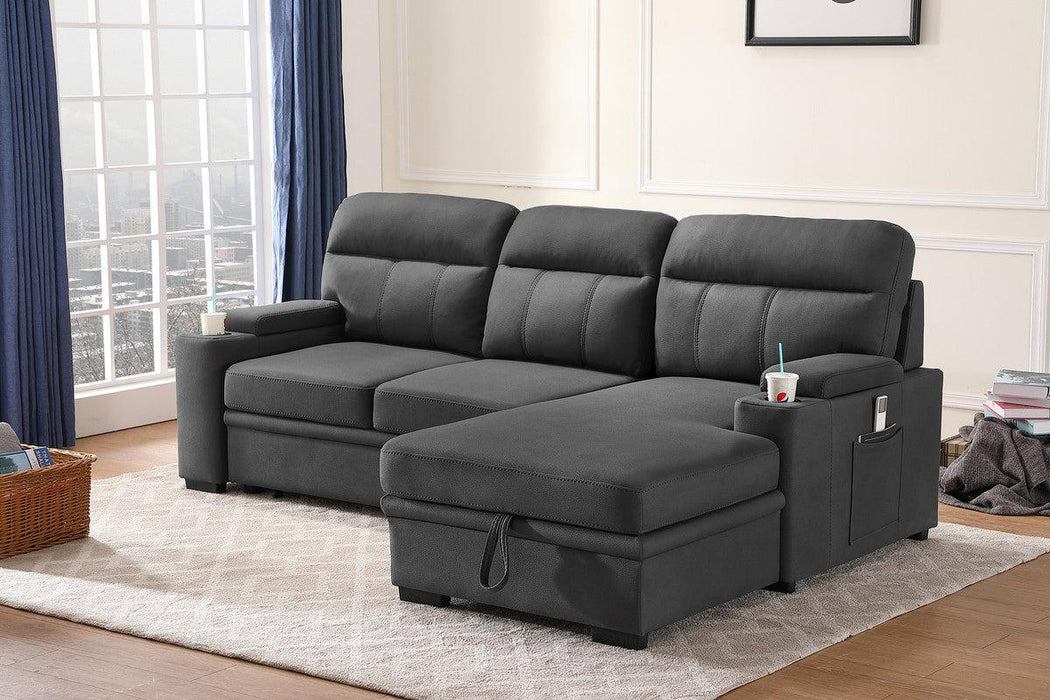 Kaden Gray Fabric Sleeper Sectional Sofa Chaise withStorage Arms and Cupholder