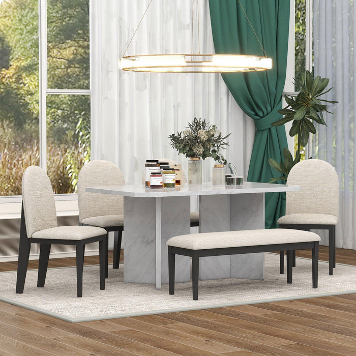 6-PieceModern Style Dining Set with Faux Marble Table and 4 Upholstered Dining Chairs & 1 Bench (White)