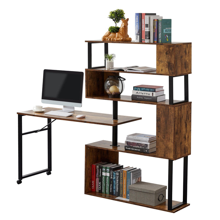 Home Office Computer Desk L-Shaped Corner Table, Rotating Computer Table with 5-Tier Bookshelf, Four Installation Methods, Lockable Casters (Tiger)