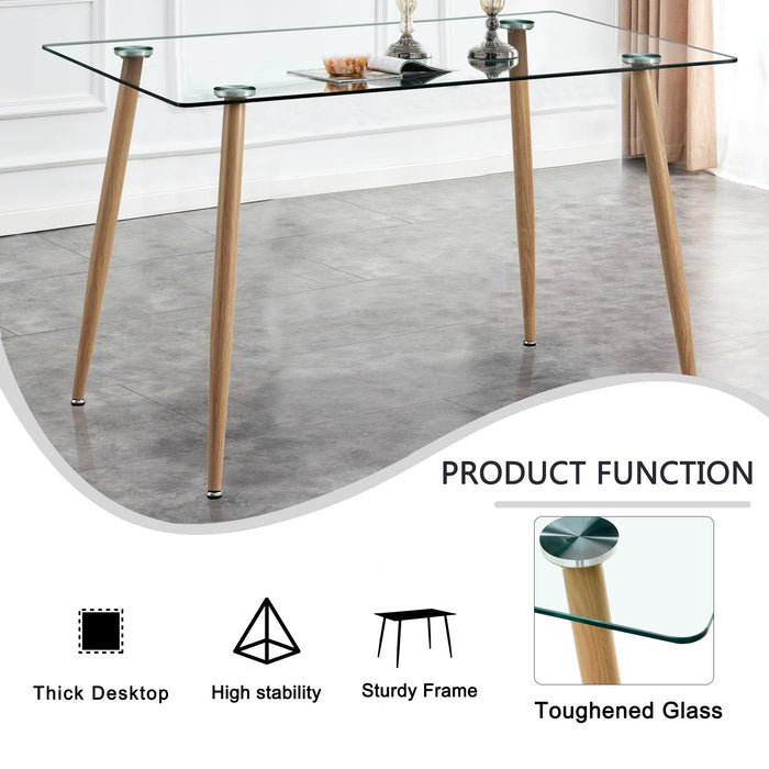 Modern Minimalist Rectangular Glass Dining Table for 4-6 with 0.31" Tempered Glass Tabletop and Wood color Coating Metal Legs, Writing Table Desk, for Kitchen Dining Living Room, 47" W x 31"D x 30" H