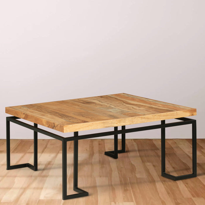 Square Coffee Table with Wooden Top and Geometric Frame, Brown and Black