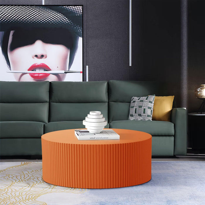 Stylish Round MDF Coffee Table with Handcraft Relief Design φ35.43inch, Bright Orange