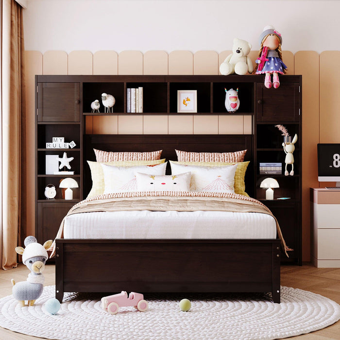 Full Size Wooden Bed With All-in-One Cabinet and Shelf, Espresso