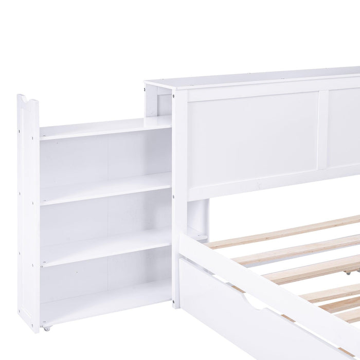 Queen SizeStorage Platform Bed with Pull Out Shelves and Twin Size Trundle, White