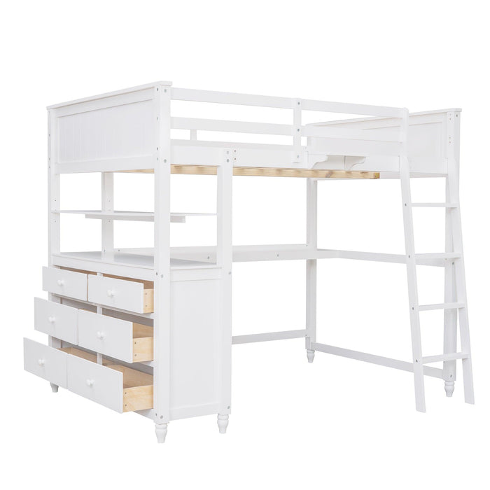 Full size Loft Bed with Drawers and Desk, Wooden Loft Bed with Shelves - White