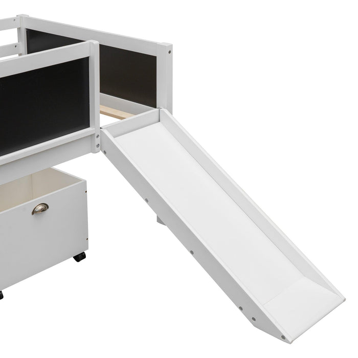 Twin size Loft Bed Wood Bed with TwoStorage Boxes - White