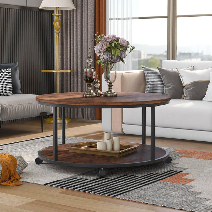 Round Coffee Table with Caster Wheels and Wood Textured Surface for Living Room, φ35.5”( Distressed Brown)