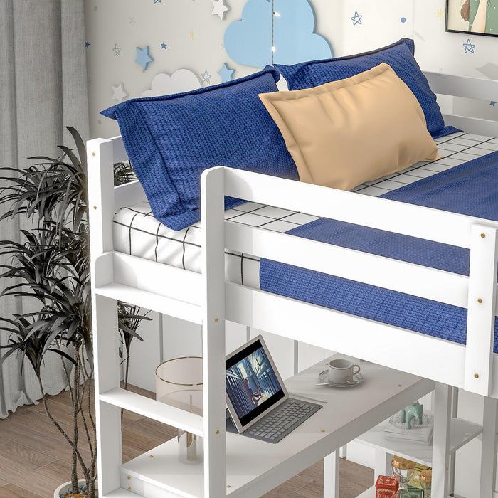 Full Loft Bed with Desk and Shelves,White