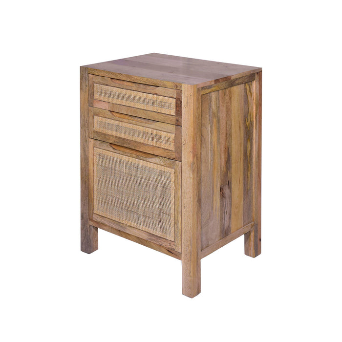 Ryan 31 Inch Cottage ManWoodStorage Cabinet Table, Cane Rattan Panels, 3 Drawers, Natural Brown