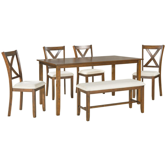 6-Piece Kitchen Dining Table Set Wooden Rectangular Dining Table, 4 Fabric Chairs and Bench Family Furniture (Natural Cherry)