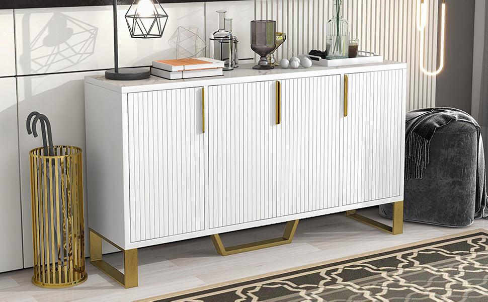 Modern sideboard with Four Doors, Metal handles & Legs and Adjustable Shelves Kitchen Cabinet (White)