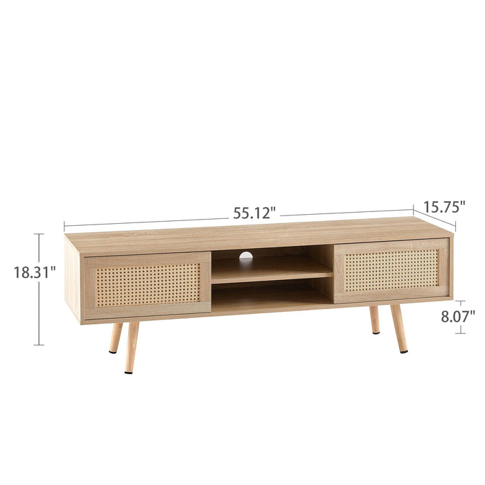 55.12" Rattan TV cabinet, double sliding doors forStorage,  adjustable shelf, solid wood legs, TV console for living room ,natural