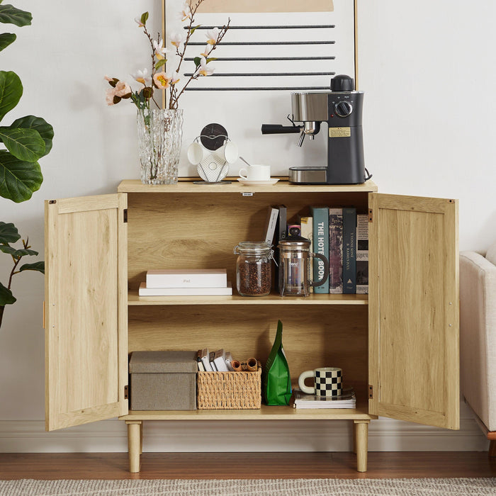 Mid-Century 2-Door Accent Chest, WoodStorage Cabinet with Shelf and Fabric Covered Panels（Natural，31.5''w x 15.8''d x 34.6"h）.