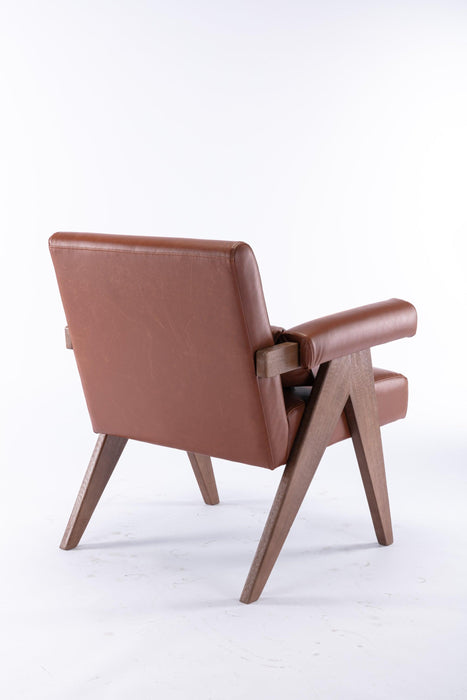 Accent chair, KD rubber wood legs with Walnut finish. PU leather cover the seat. With a cushion.Brown