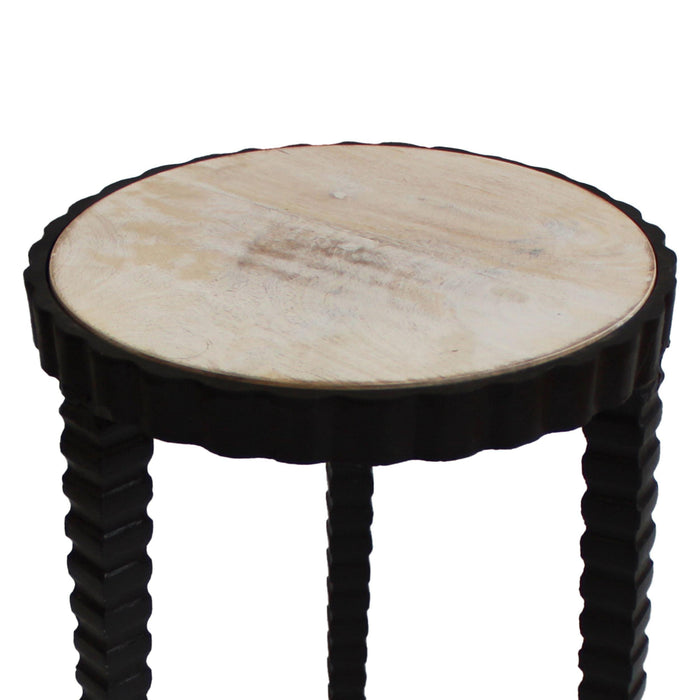 22 Inch Round Wooden Side Table with Tapered Tripod Base, Brown and Black