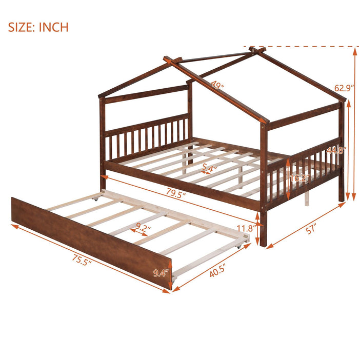 Full Size Wooden House Bed with Twin Size Trundle, Walnut