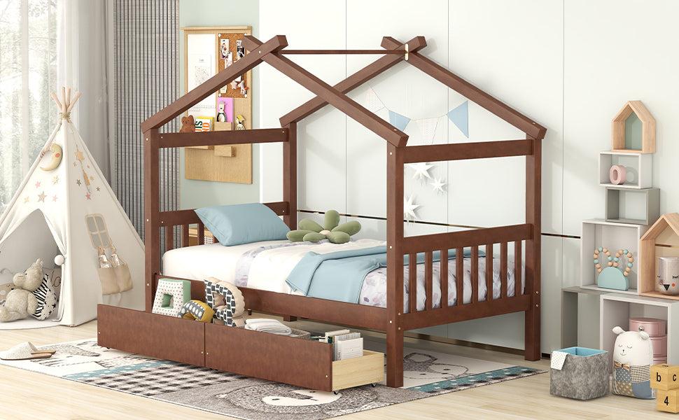 Twin Size Wooden House Bed with Drawers, Walnut