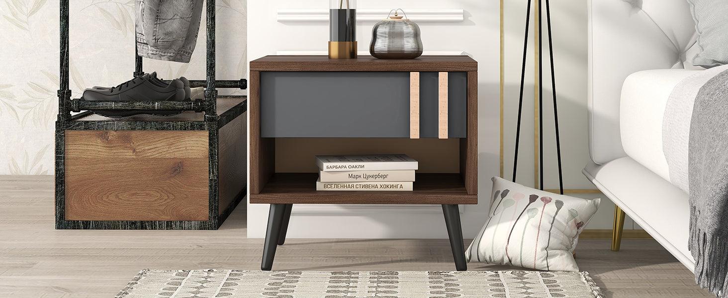 Wooden Nightstand  End Table for Bedroom,Gray+Walnut