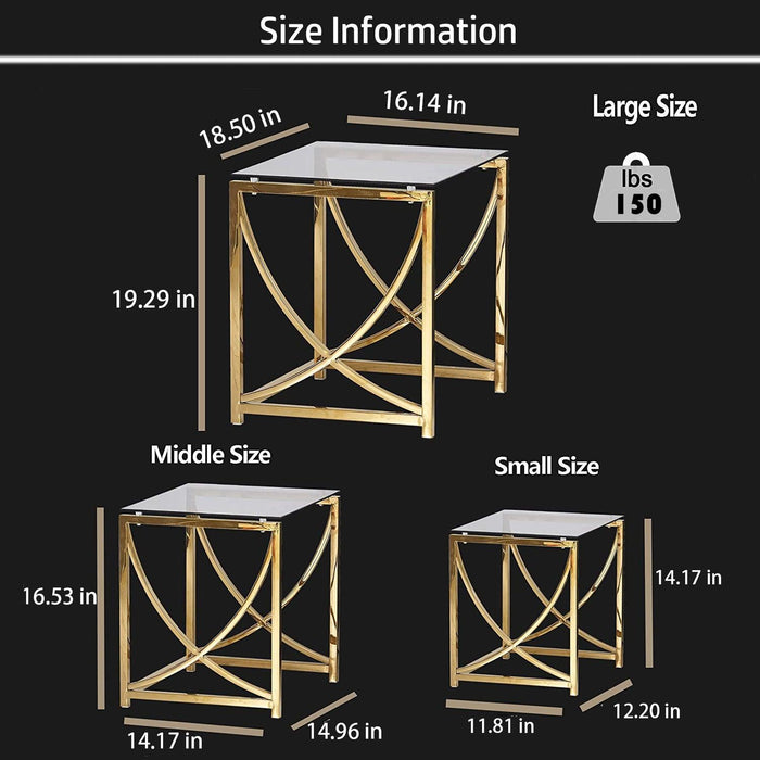 3 Pieces ld Square Nesting Glass End Tables- Small Coffee Table Set- Stainless Steel Small Coffee Tables with Clear Tempered Glass- 18"Modern Minimalist Side Table for Living Room (Curve)