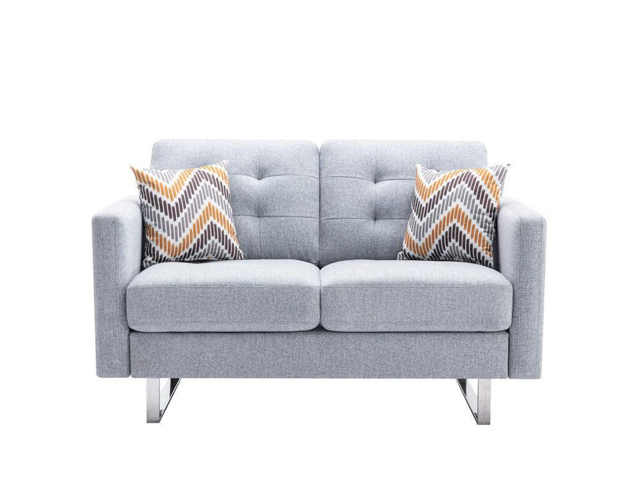 Victoria Light Gray Linen Fabric Loveseat Chair Living Room Set with Metal Legs, Side Pockets, and Pillows