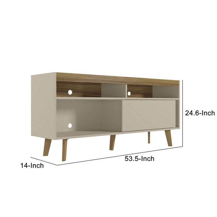 Jaz 54 Inch Wood TV Media Entertainment Stand, Sliding Door, 3 Compartments, Handcrafted, Beige, Brown