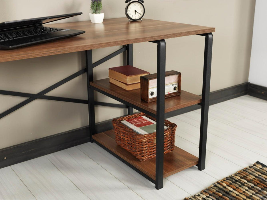 Furnish Home Store Sage Black Metal Frame 47" Wooden Top 2 Shelves Writing and Computer Desk for Home Office, Walnut