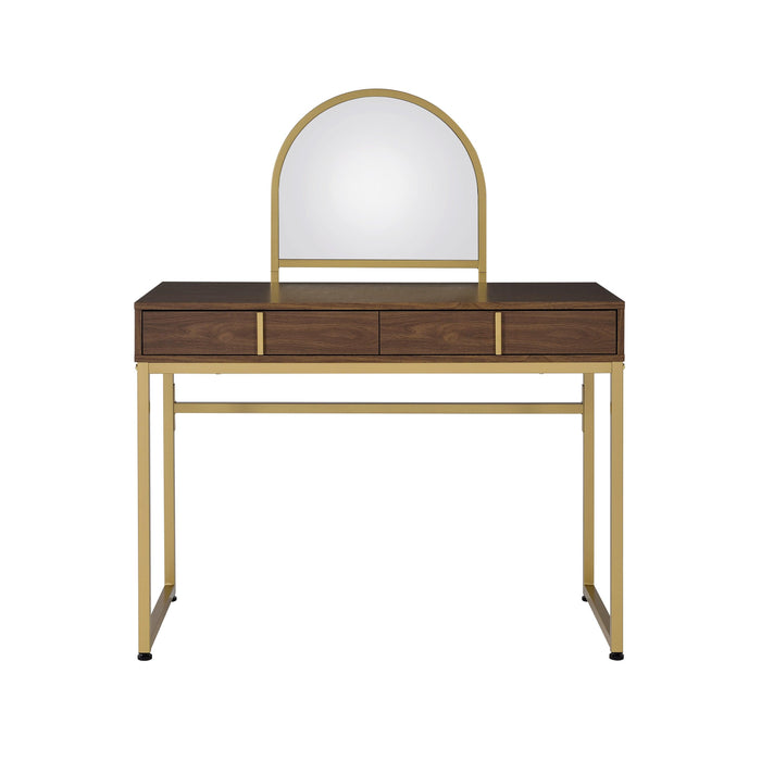 ACME Coleen Vanity Desk w/Mirror & Jewelry Tray in Walnut & Gold Finish AC00670