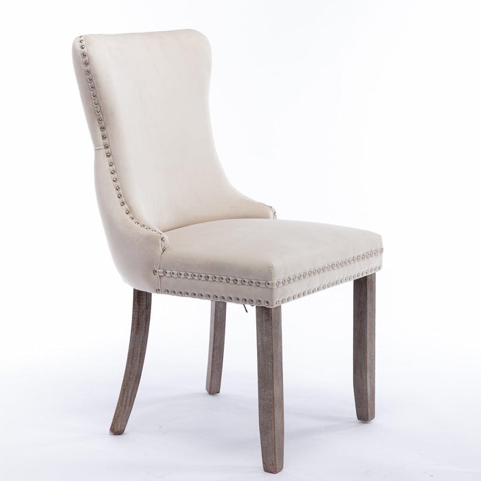 Cream Upholstered Wing-Back Dining Chair with Backstitching Nailhead Trim and Solid Wood Legs,Set of 2, Beige