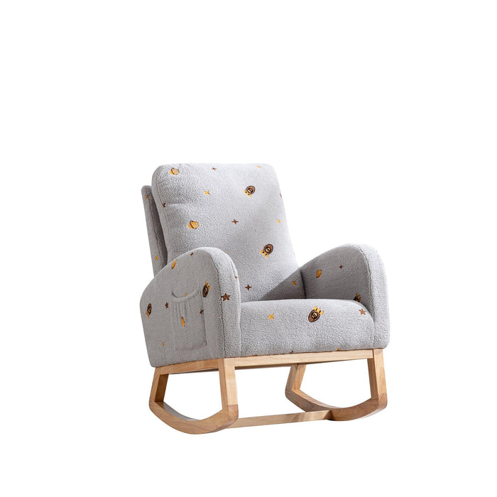 26.8"WModern Rocking Chair for Nursery, Mid Century Accent Rocker Armchair With Side Pocket, Upholstered High Back Wooden Rocking Chair for Living Room Baby Kids Room Bedroom, Light Gray Boucle