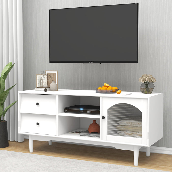 Living Room White TV Stand with Drawers and Open Shelves, A Cabinet with Glass Doors forStorage