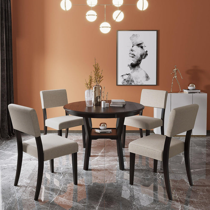 5-Piece Kitchen Dining Table Set Round Table with Bottom Shelf, 4 Upholstered Chairs for Dining Room（Espresso）